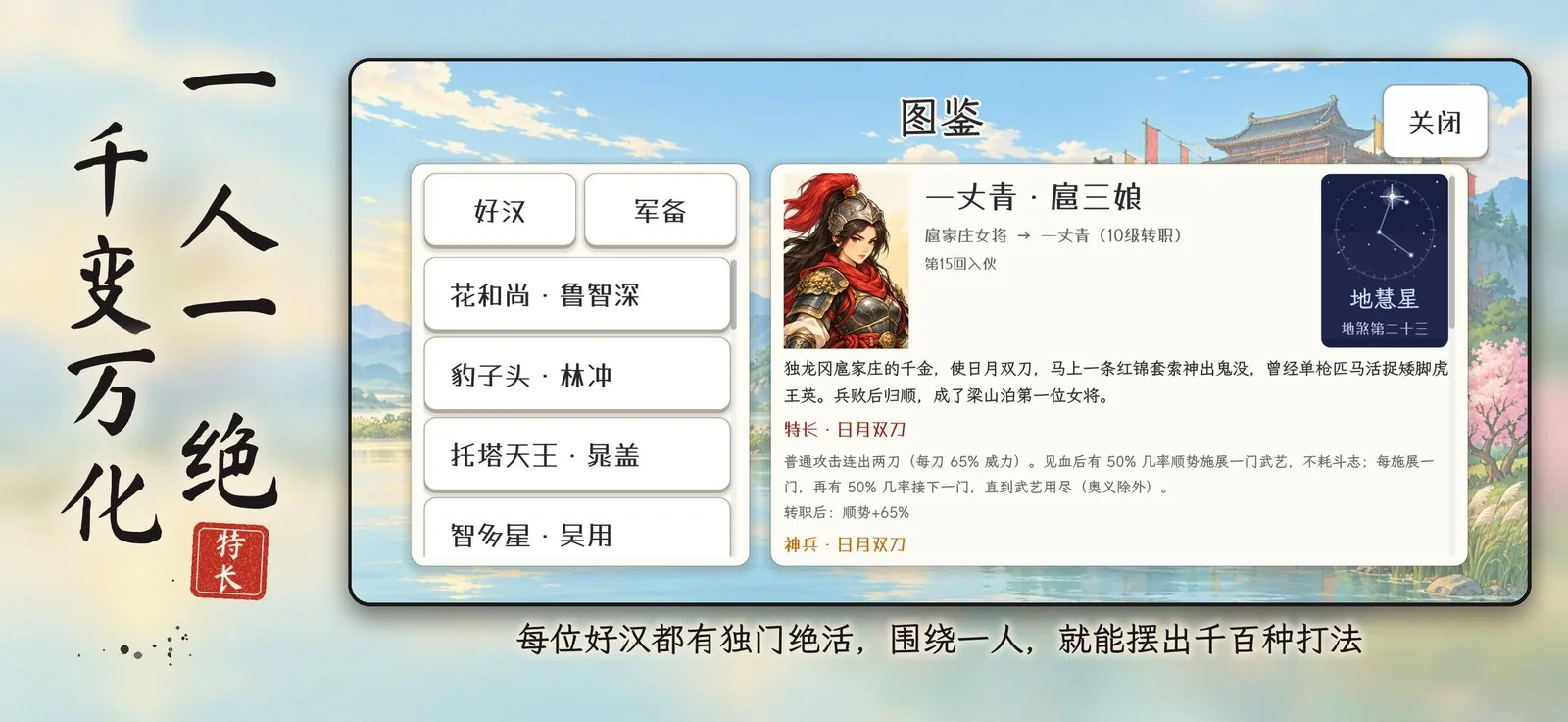 扈三娘的图鉴页，特长「日月双刀」写得明明白白，题字「一人一绝 千变万化」